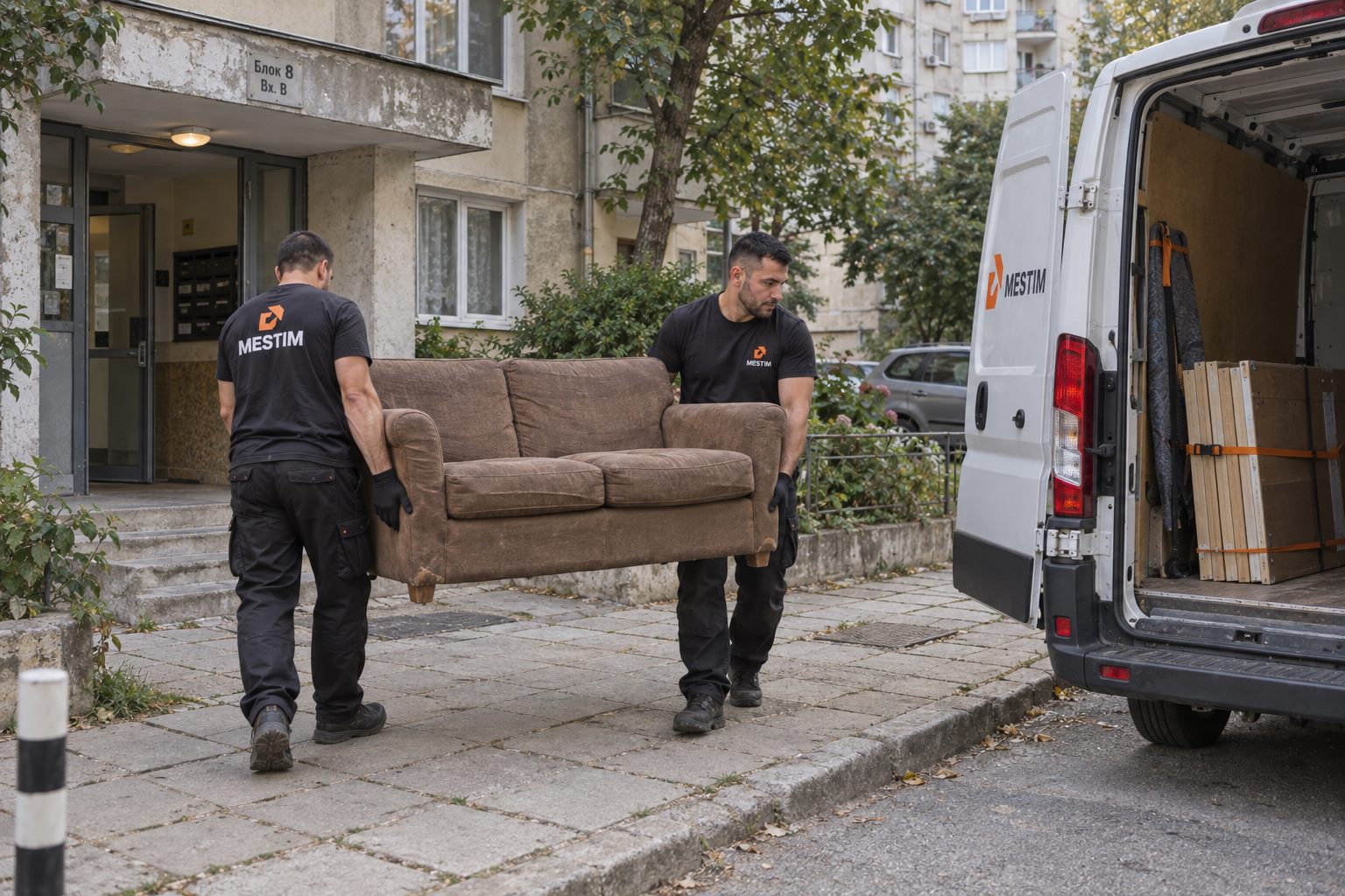 Обзавеждане от апартамент, опаковано и натоварено в брандирания бус на MESTIM